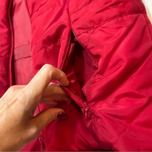 RED Puffer Vest womens M Pockets Sleeveless Jacket RIBBED BAND NECK M cinch Ties - Picture 14 of 16